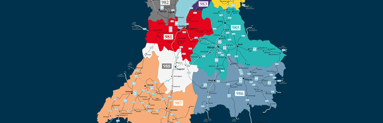 Kartbild på Jönköpings Län, indelad i JLT:s olika zonfärger.